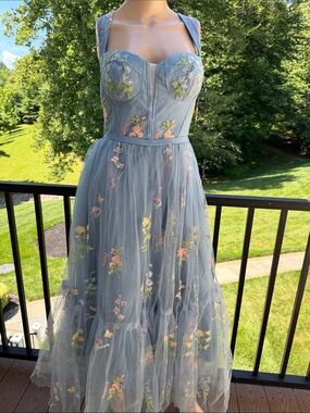 Source Unknown Blue Floral Embroidered Maxi Dress